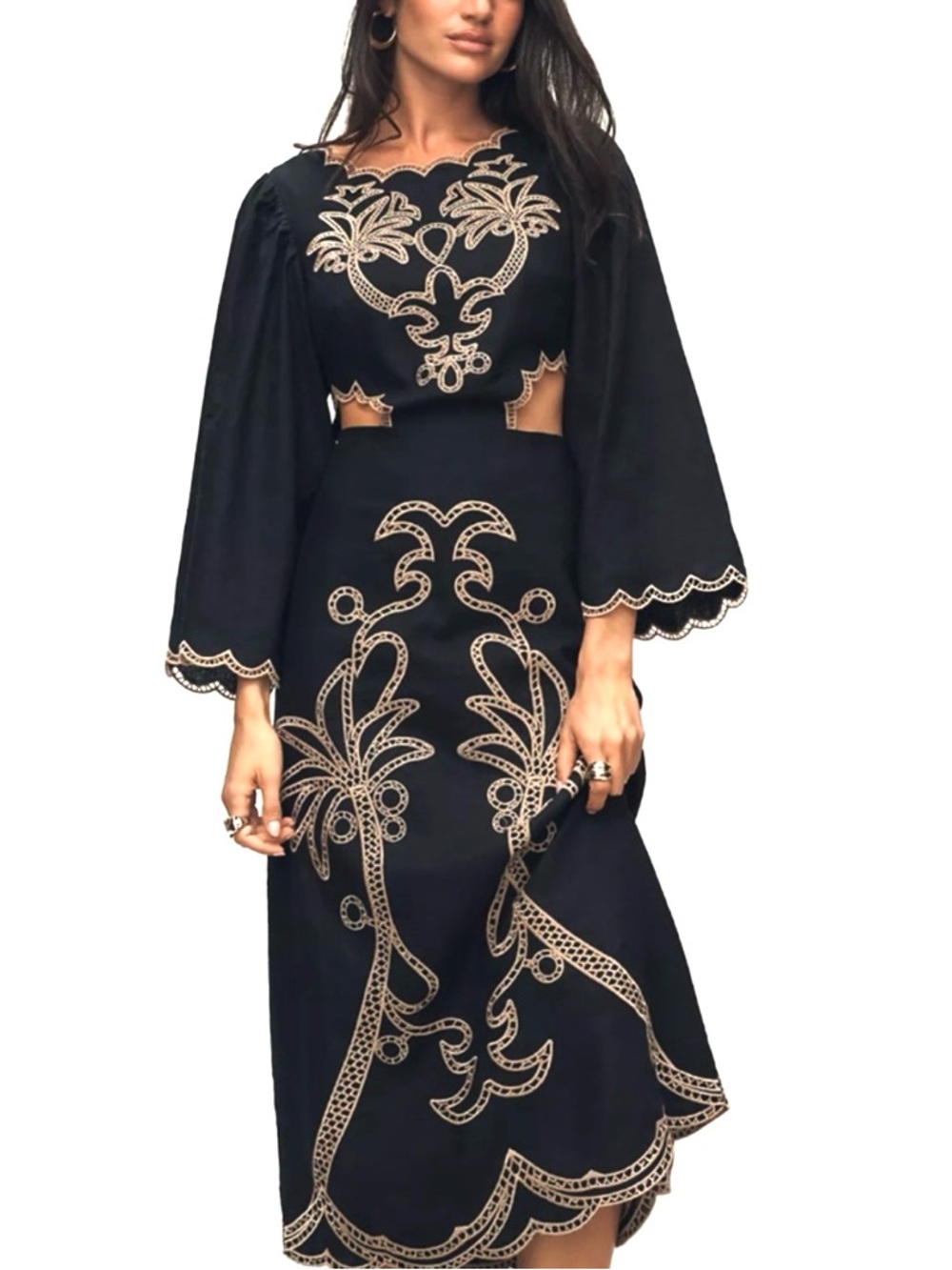 FARM Rio x Anthropologie Black Cutout Embroidered Palm Midi Dress Size Small NWT